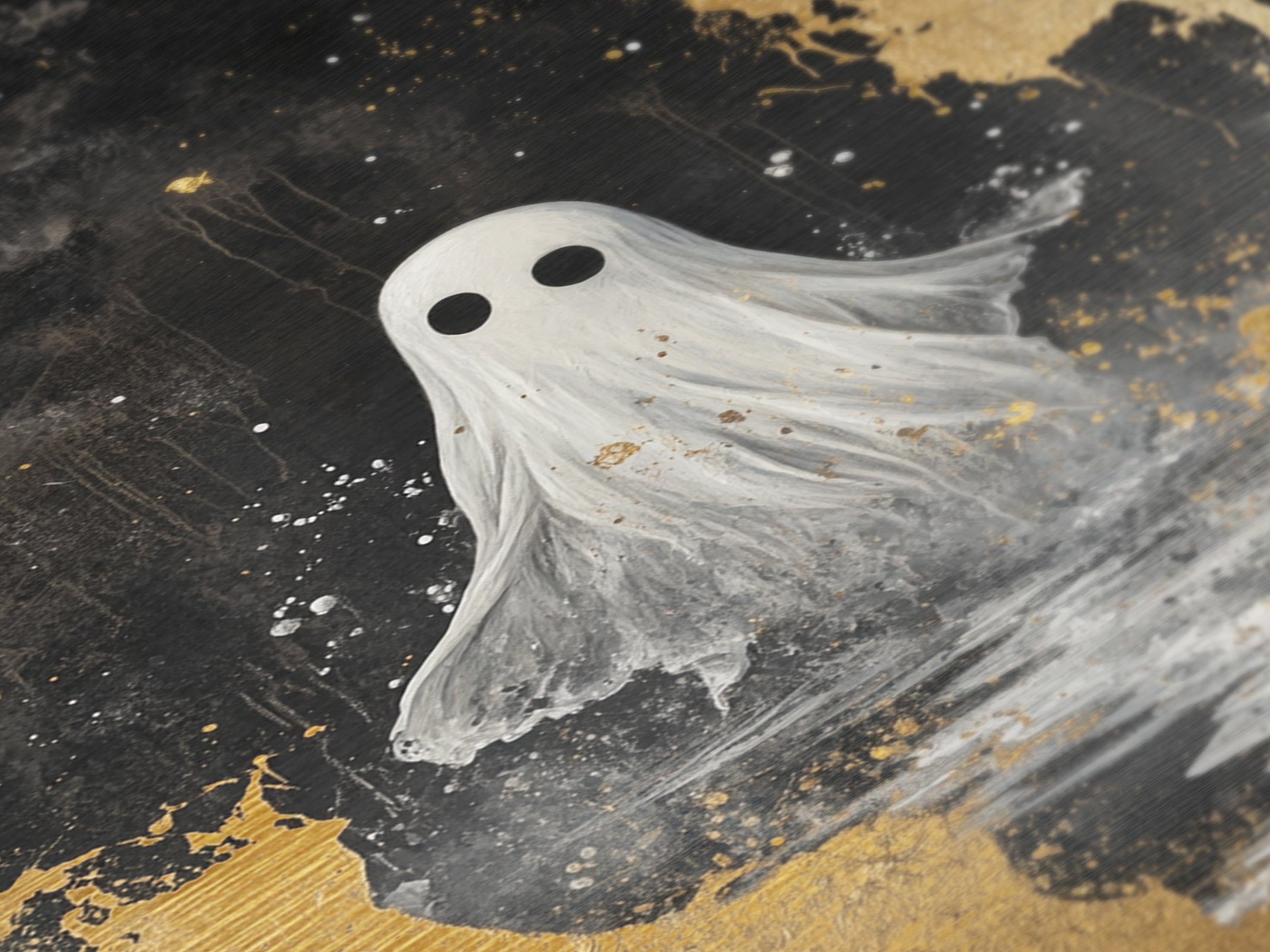 Haunted Ghost Metallic Gold Art, Spooky Season Metal Art with Natural Wood Frame, Gothic Halloween Wall Decor Accent