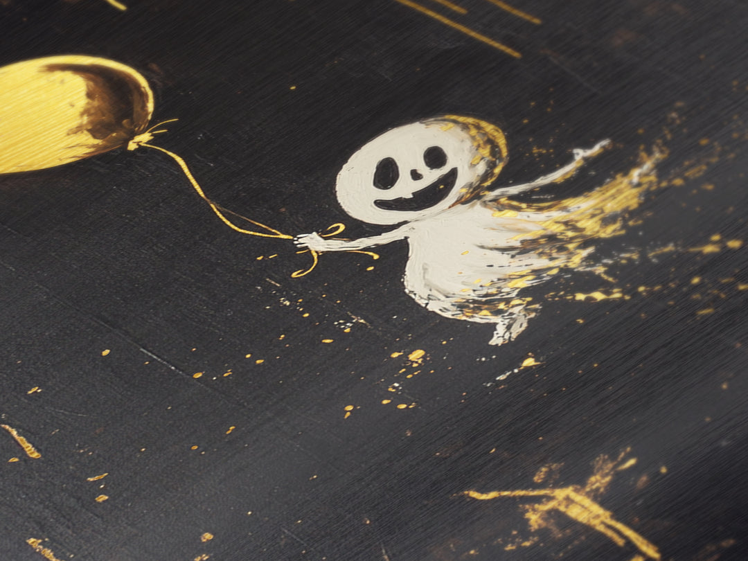 Cute Ghost Metallic Gold Art Metal Art, Spooky Halloween Wall Art with Balloon, Framed in Real Wood for Seasonal Decor