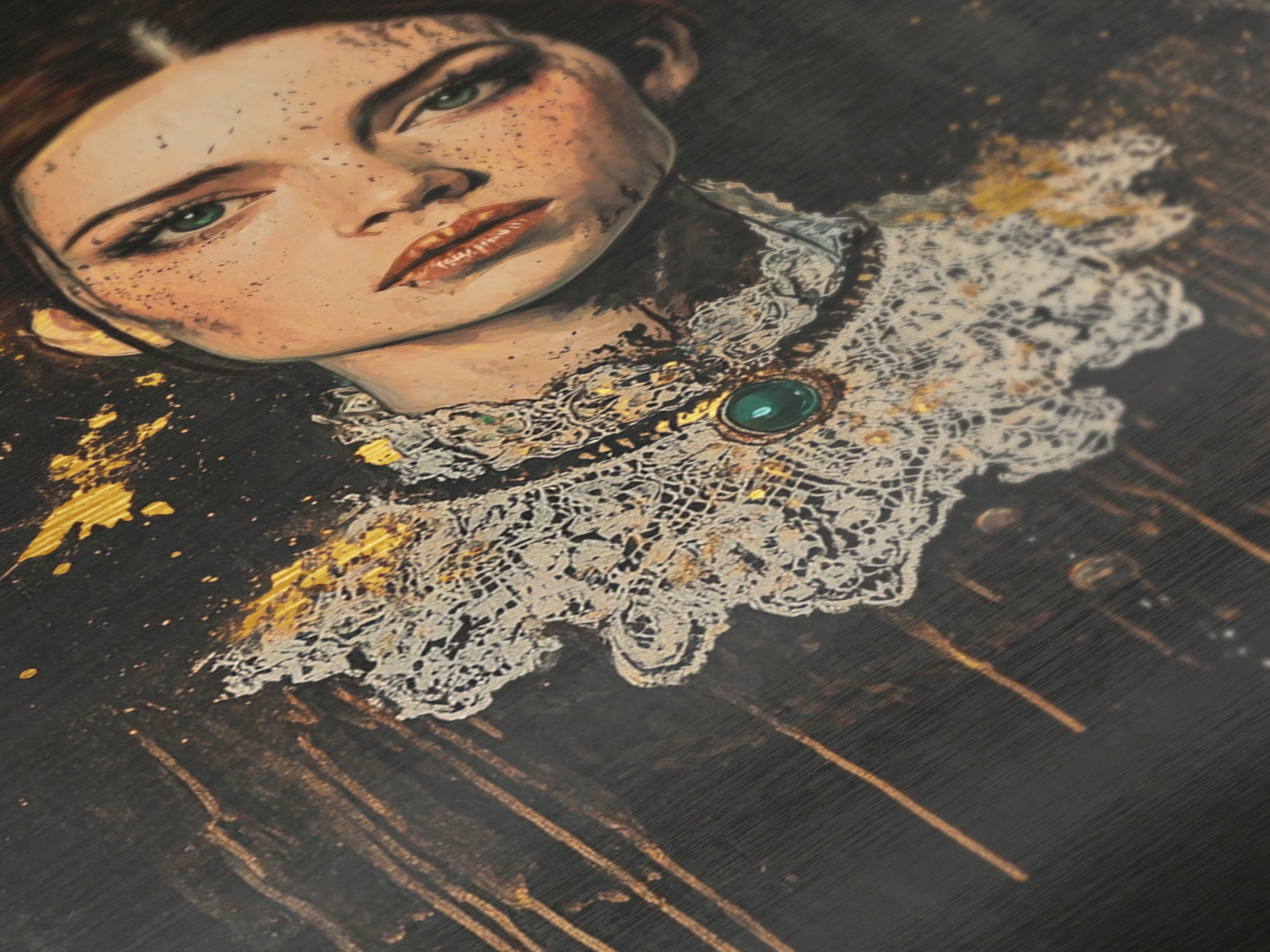 Victorian Lady Metallic Gold Art Metal Art Gothic Haunted Portrait with Lace Collar Framed in Real Wood Halloween Home Decor