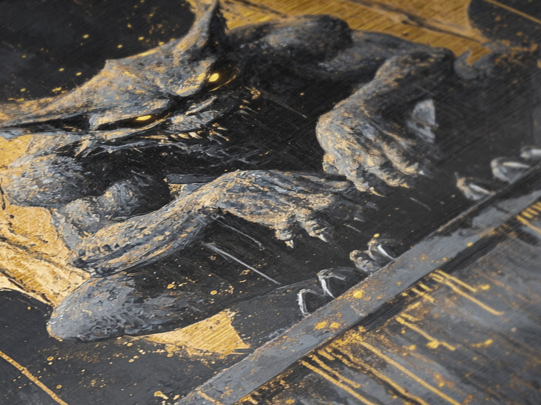 Gargoyle Metallic Gold Art Metal Art Gothic Demon Halloween Statue Painting Framed in Real Wood Spooky Haunted Wall Artwork