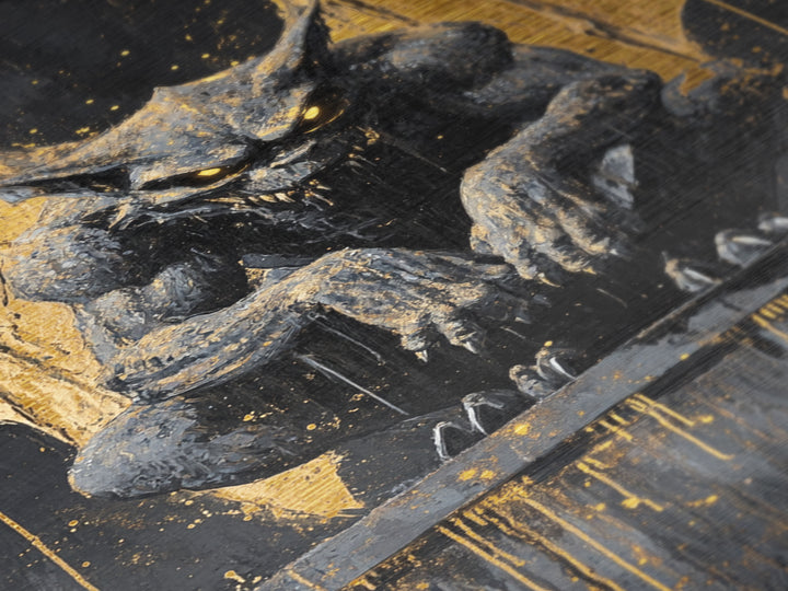 Gargoyle Metallic Gold Art Metal Art Gothic Demon Halloween Statue Painting Framed in Real Wood Spooky Haunted Wall Artwork