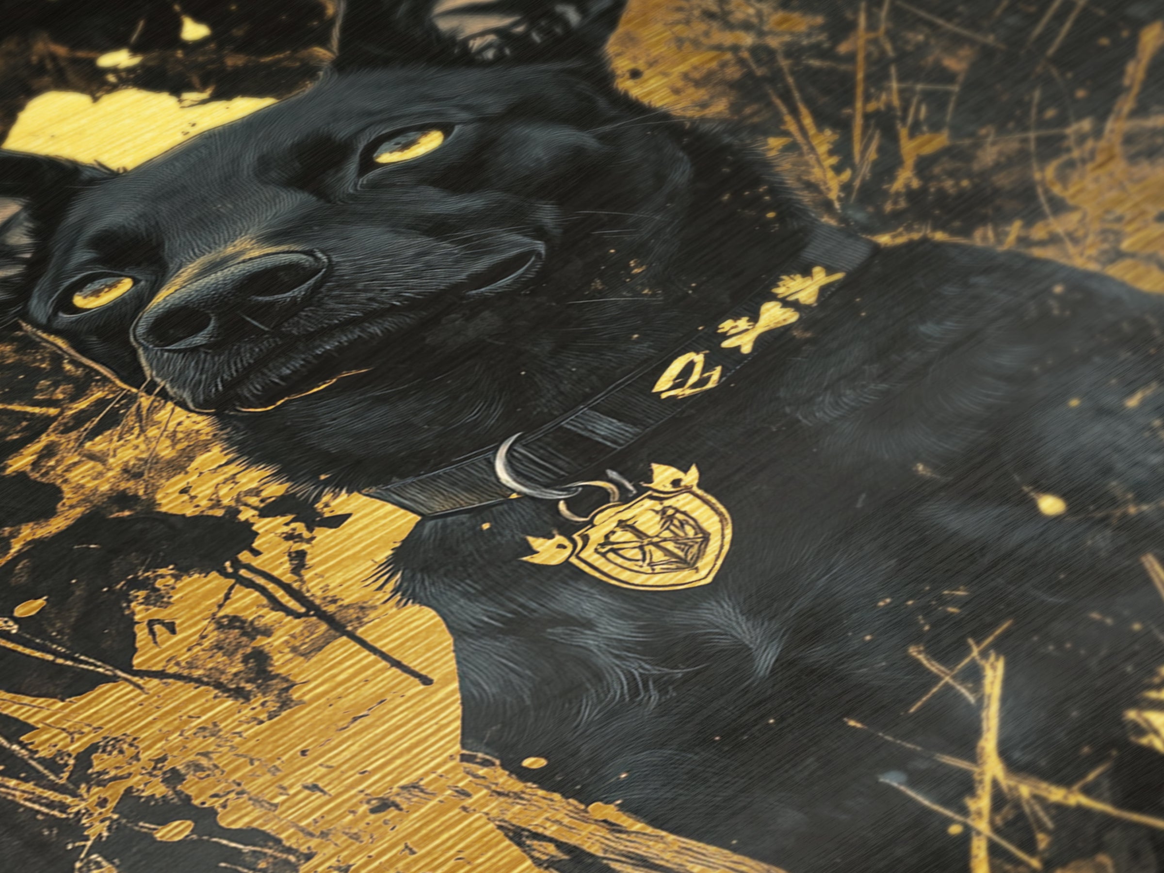 Halloween Black Dog Metallic Gold Art Metal Art | Spooky Pet Portrait Wall Decor Framed in Natural Wood Gothic Style