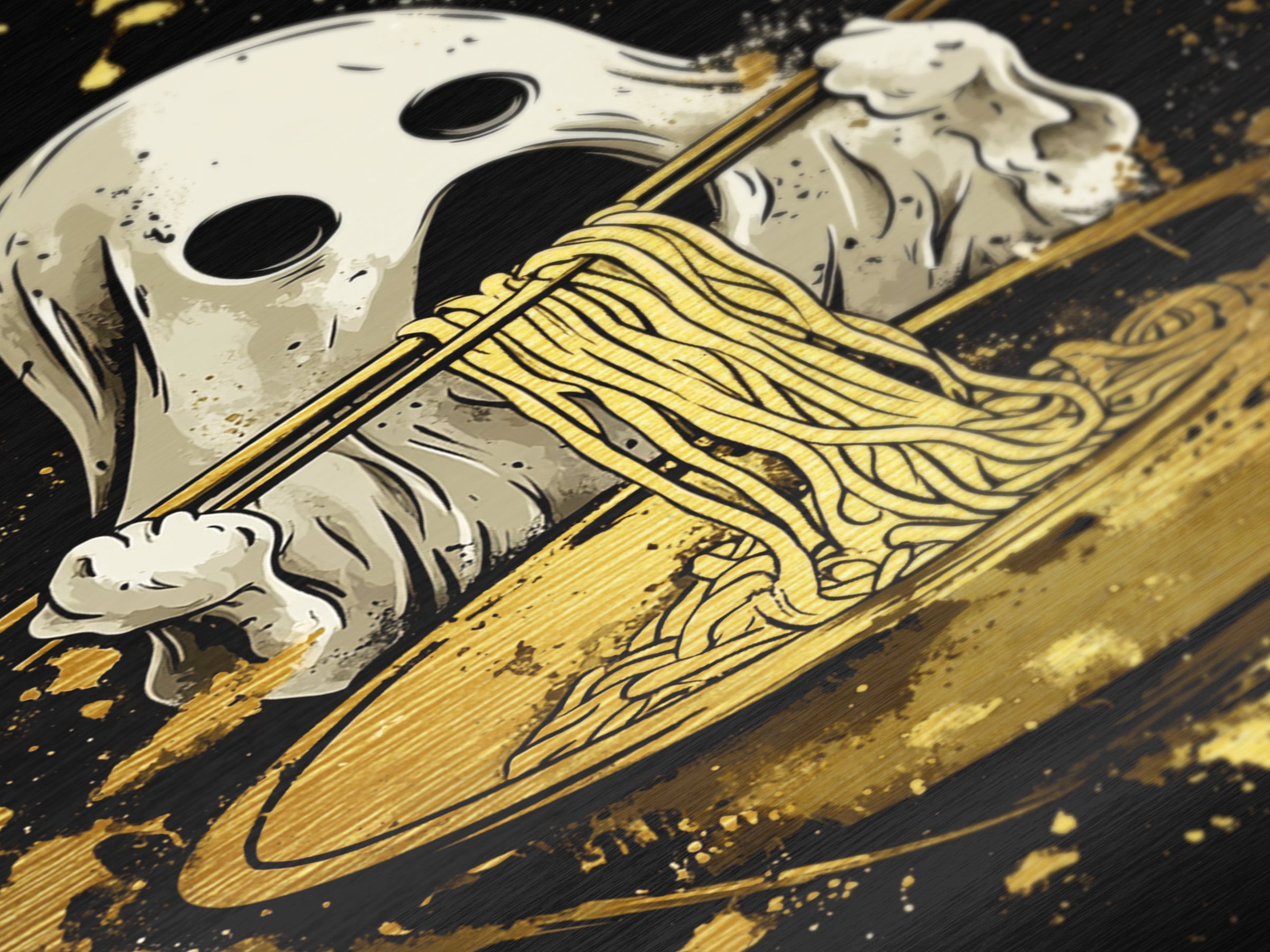 Ghost Ramen Metallic Gold Art Metal Art, Funny Spooky Halloween Wall Art, Noodle Lover Haunted Decor in Real Wood Frame
