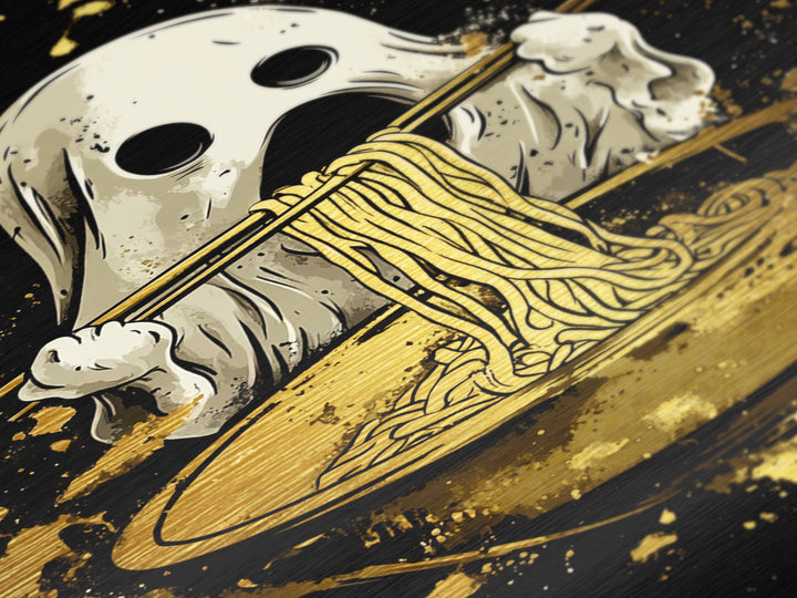 Ghost Ramen Metallic Gold Art Metal Art, Funny Spooky Halloween Wall Art, Noodle Lover Haunted Decor in Real Wood Frame
