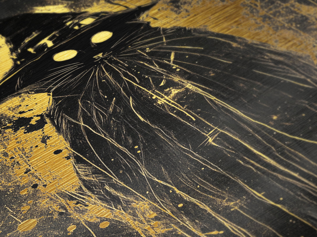 Black Cat Witch Metallic Gold Art Metal Art | Spooky Halloween Wall Decor in Real Wood Frame | Gothic Witchy Haunted Accent