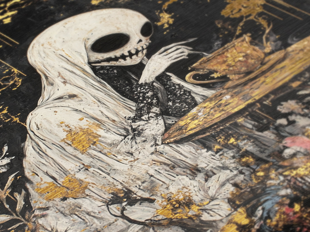 Creepy Skeleton Tea Party Metallic Gold Art, Haunted Horror Metal Art in a Real Wood Frame, Gothic Halloween Wall Hanging