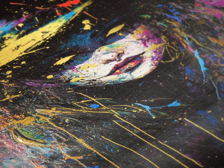 Colorful Witch Face Metallic Gold Art with Neon Splatter, Gothic Spooky Season Metal Art in a Real Wood Frame Halloween Print