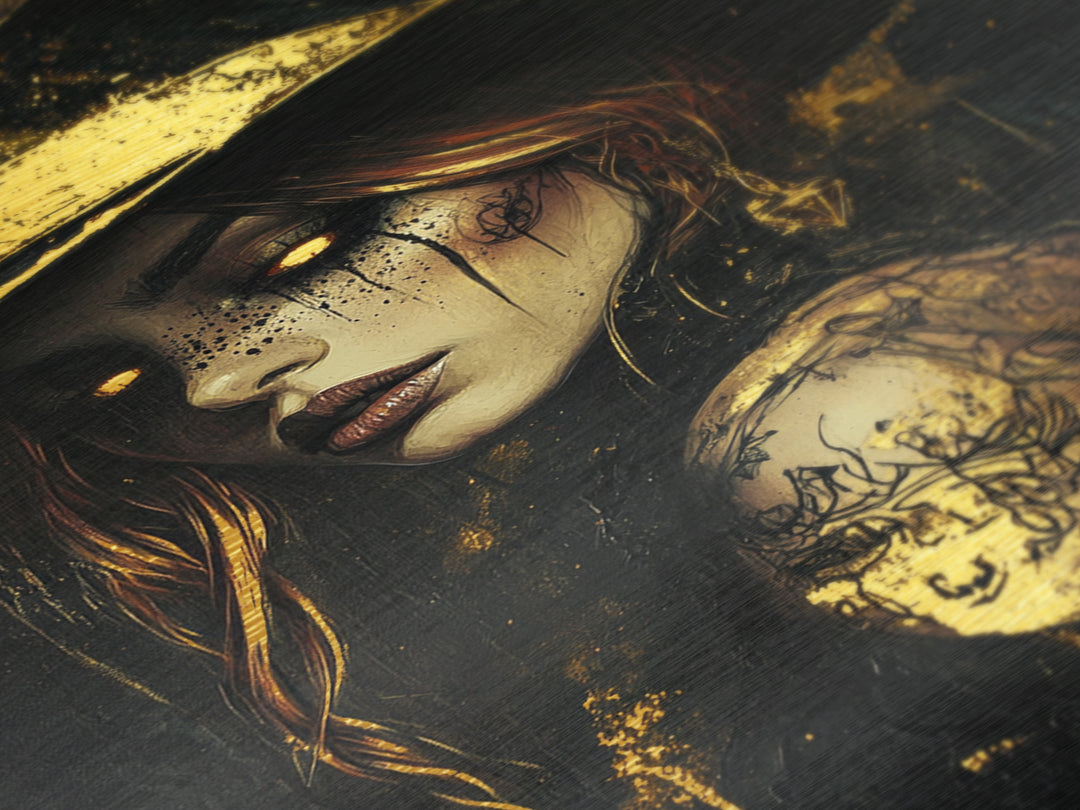 Mystic Witch Portrait Metallic Gold Art with Moon, Gothic Occult Halloween Metal Art in a Real Wood Frame, Spooky Wall Decor