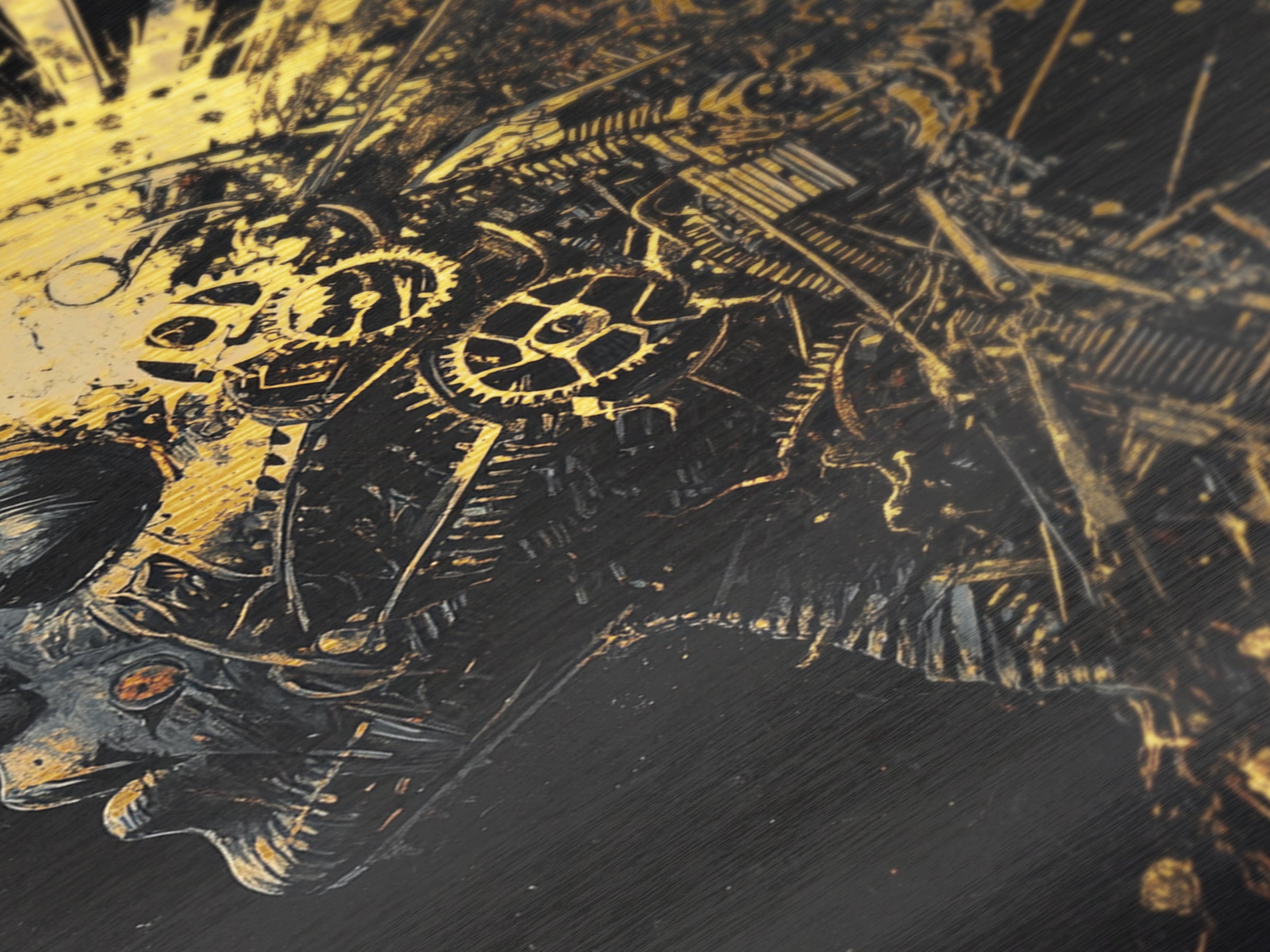 Metallic Gold Art Metal Art Mechanical Skull – Spooky Halloween Horror Wall Print with Dark Gothic Real Wood Frame