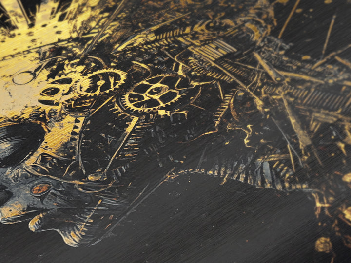 Metallic Gold Art Metal Art Mechanical Skull – Spooky Halloween Horror Wall Print with Dark Gothic Real Wood Frame