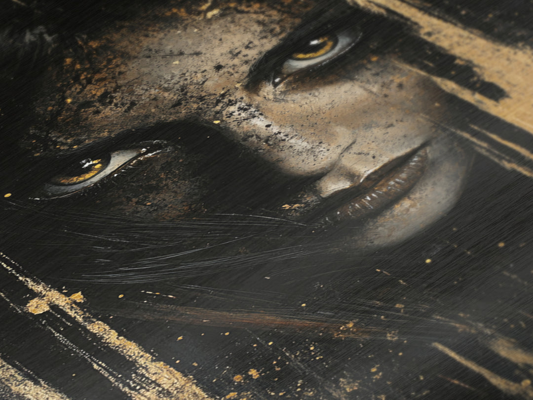 Metal Art Metallic Gold Art Haunted Gothic Female Portrait – Spooky Season Horror Aesthetic with Real Wood Frame