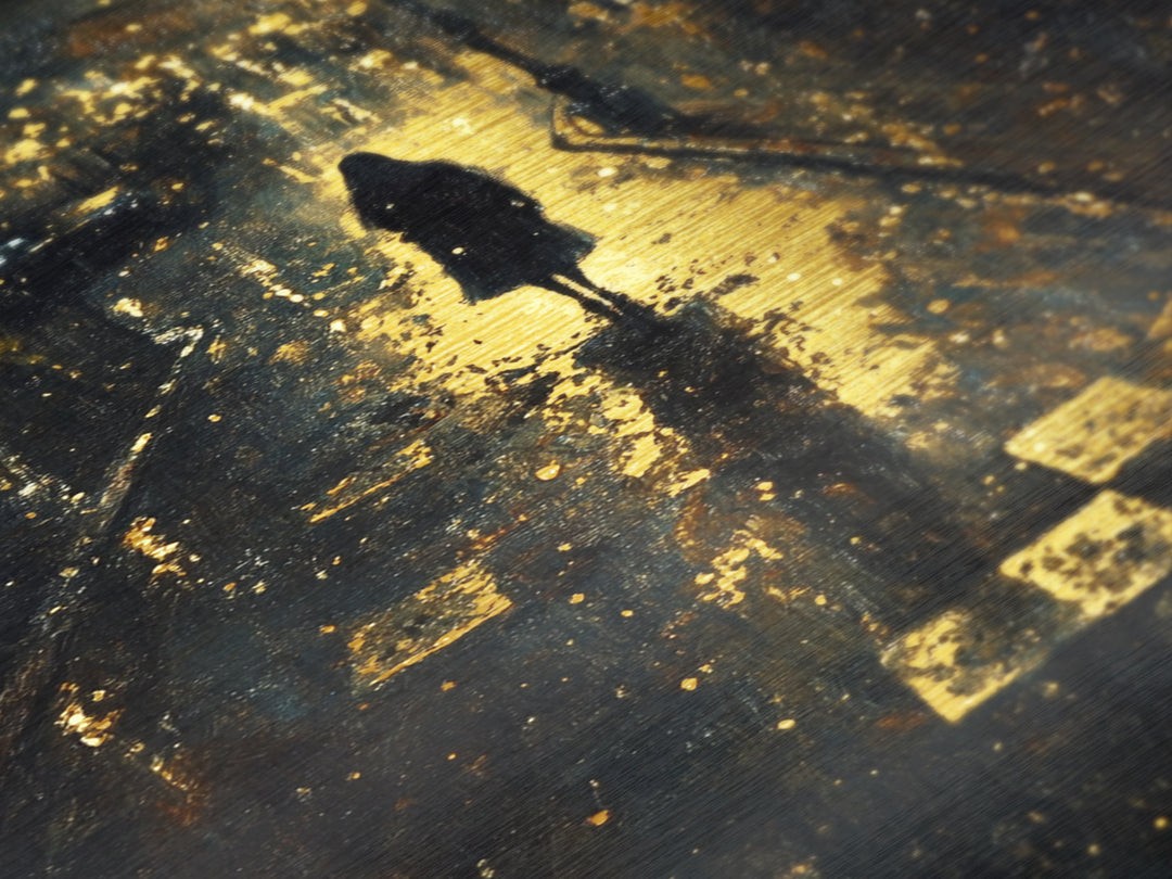 Spooky Night Street Scene Metallic Gold Art, Haunted City Metal Art Print, Gothic Halloween Wall Decor in rustic wood frame