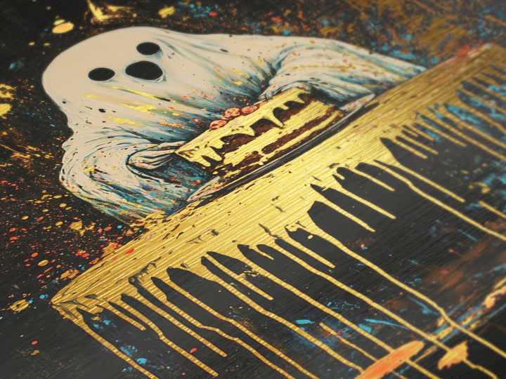 Ghost with Cake Metallic Gold Art, Playful Haunted Party Metal Art for Halloween Décor, with handcrafted real wood frame