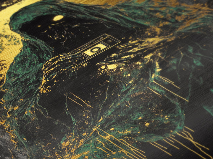 Dark Phantom Photographer Metallic Gold Art, Creepy Haunted Camera Metal Art with Gothic Horror Vibe, real wood frame