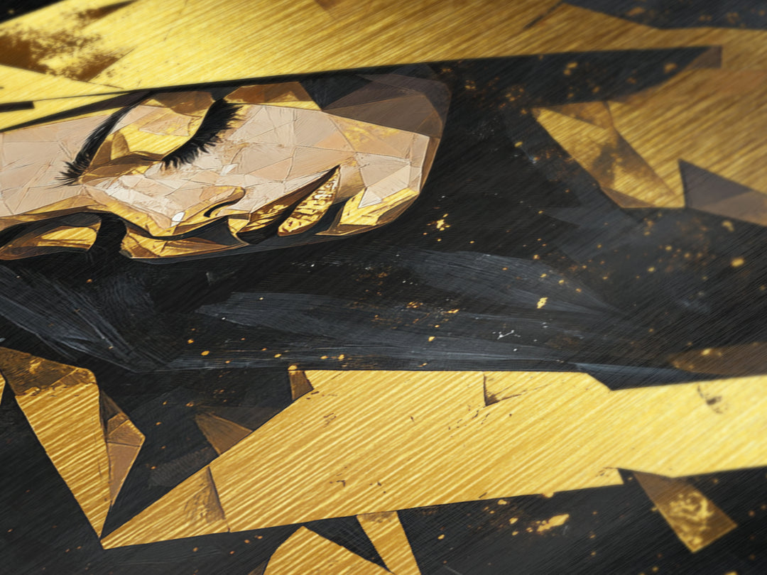 Geometric Hooded Woman Metallic Gold Art, Gothic Polygon Spooky Season Metal Art with Witchy Aesthetic, framed in wood