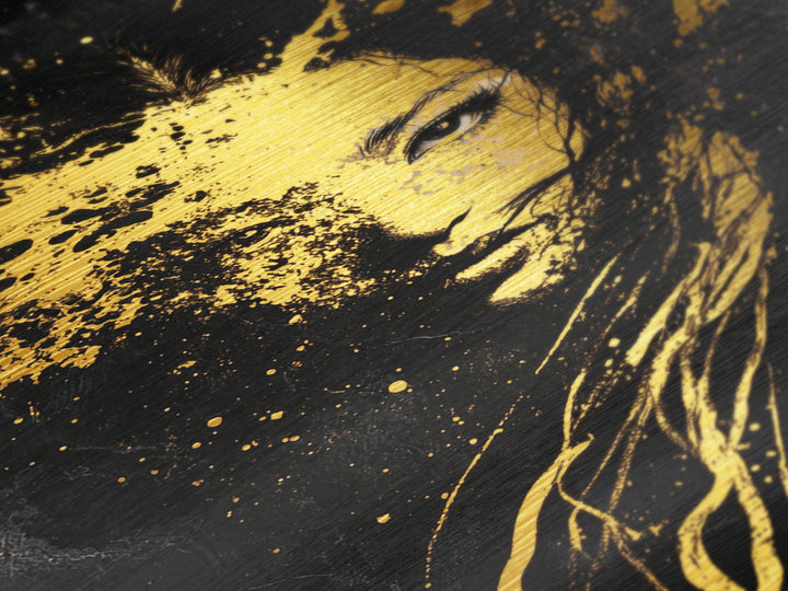 Splattered Witch Face Metallic Gold Art, Haunted Abstract Portrait Metal Art for Halloween Horror Vibes, real wood framing