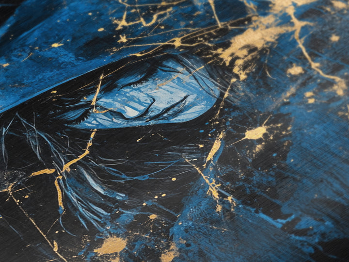 Witchy Hooded Woman in Blue, Metallic Gold Art, Gothic Spooky Season Metal Art on Canvas Framed in Authentic Real Wood