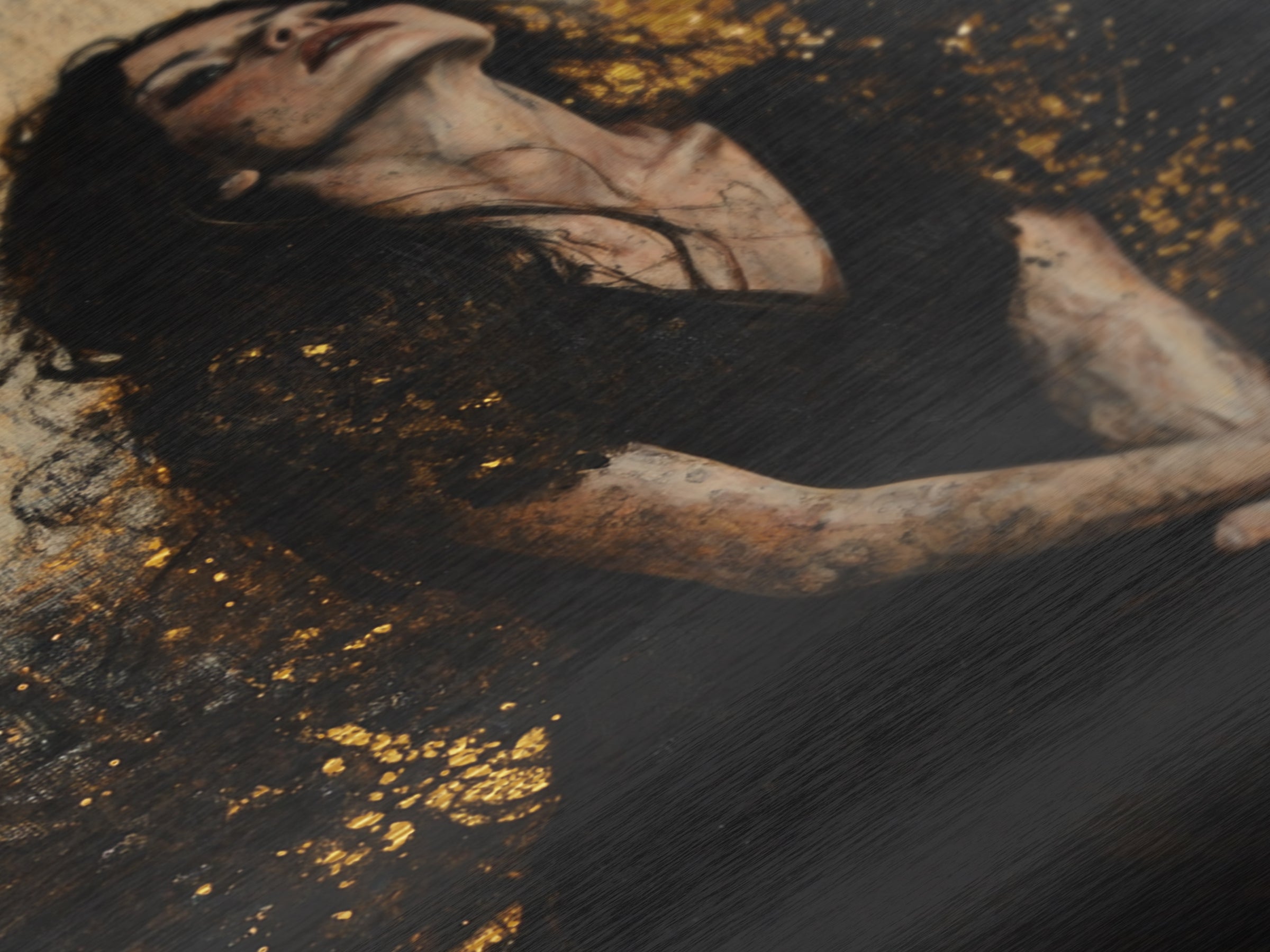 Mystical Black Dress Portrait, Metallic Gold Art, Gothic Spooky Horror Metal Art Wall Decor with Real Wooden Frame