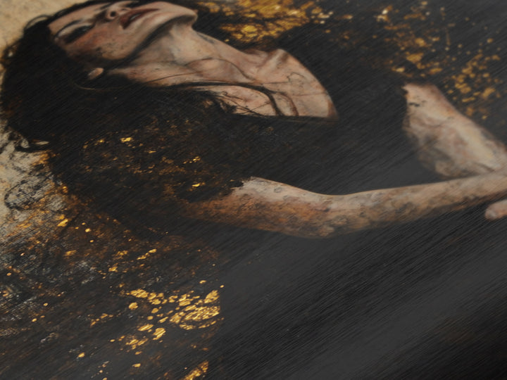 Mystical Black Dress Portrait, Metallic Gold Art, Gothic Spooky Horror Metal Art Wall Decor with Real Wooden Frame
