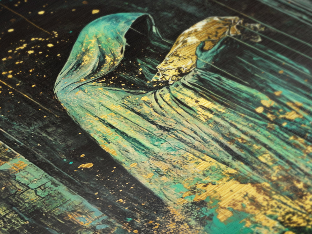 Hooded Phantom with Golden Baby Metallic Gold Art, Creepy Gothic Priest Metal Art in Natural Wood Frame for Halloween