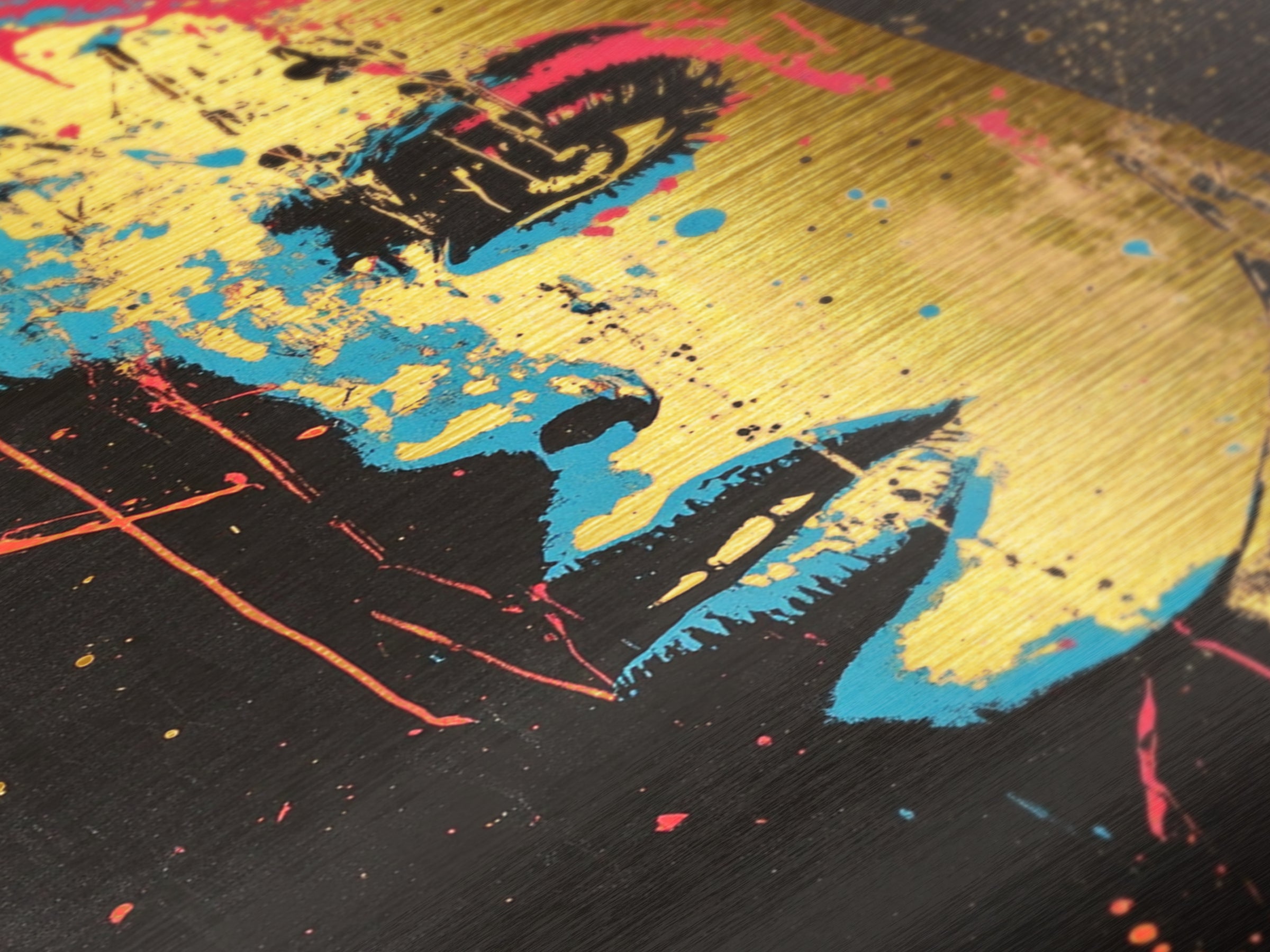 Color Splash Haunted Portrait, Bold Spooky Pop Art Face in Metallic Gold Art, Gothic Season Metal Art with wood frame