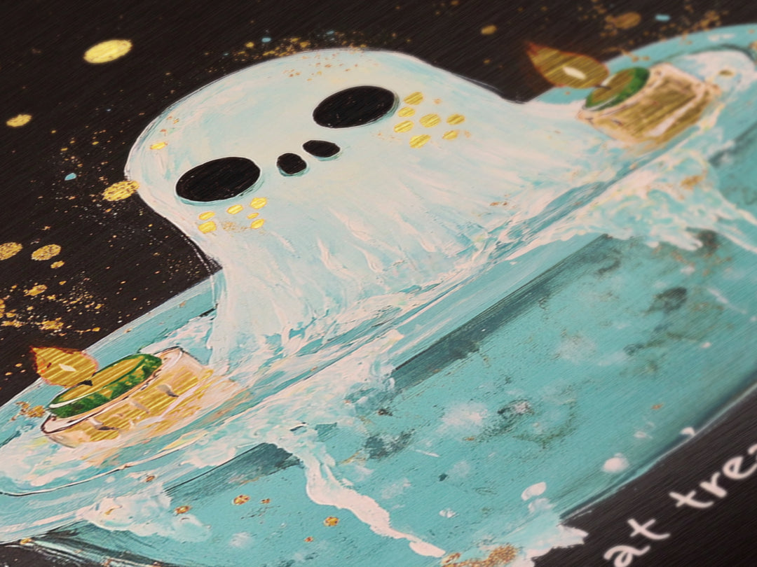 Cute Bathtub Ghost Metallic Gold Art Metal Art Halloween Spooky Season Wall Print framed with solid real wood accents