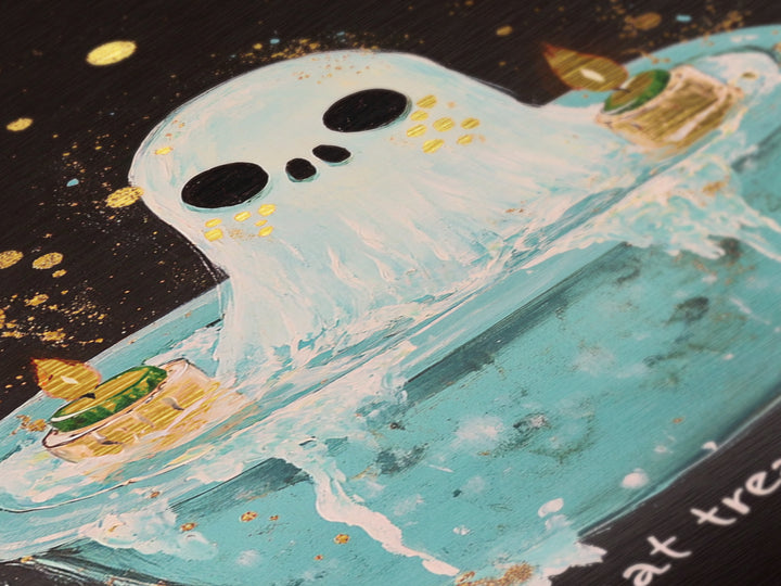 Cute Bathtub Ghost Metallic Gold Art Metal Art Halloween Spooky Season Wall Print framed with solid real wood accents