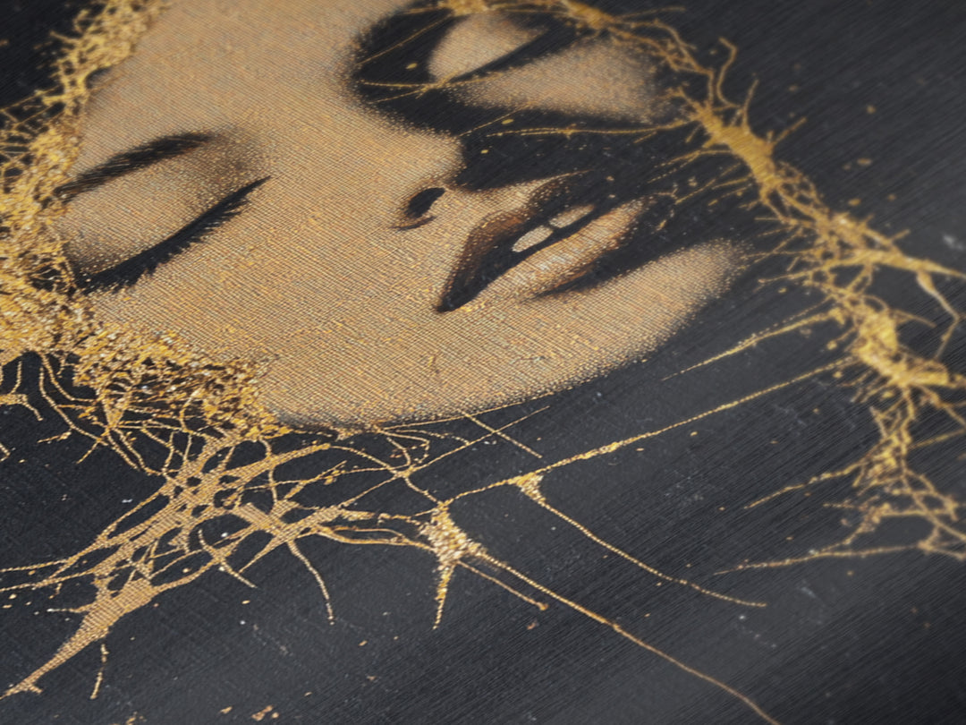 Golden Roots Haunted Face, Creepy Abstract Metallic Gold Art Portrait, Spooky Season Metal Art framed in natural wood