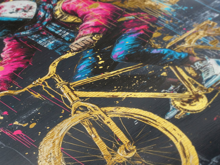 Astronaut Biker in Neon Drips – Halloween Metallic Gold Art, Surreal Spooky Season Metal Art, Real Wood Frame Gothic Decor