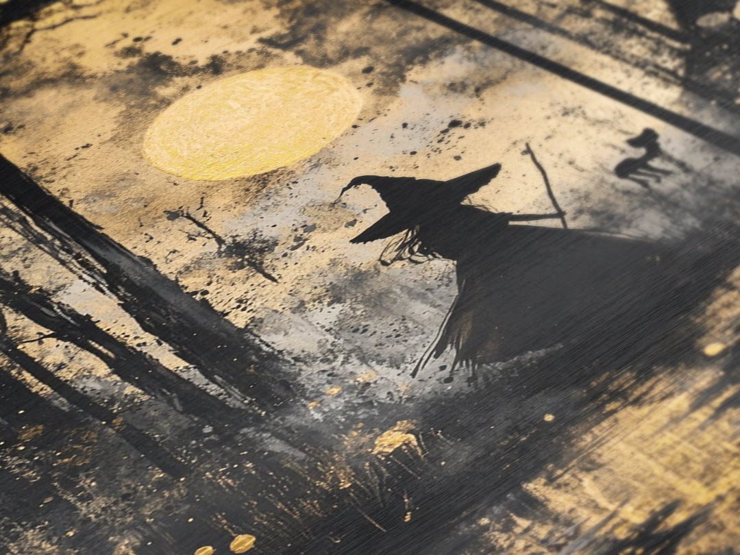 Witch in Forest with Cat and Moon – Metallic Gold Art, Halloween Spooky Metal Art, Gothic Wall Art Framed in Natural Wood