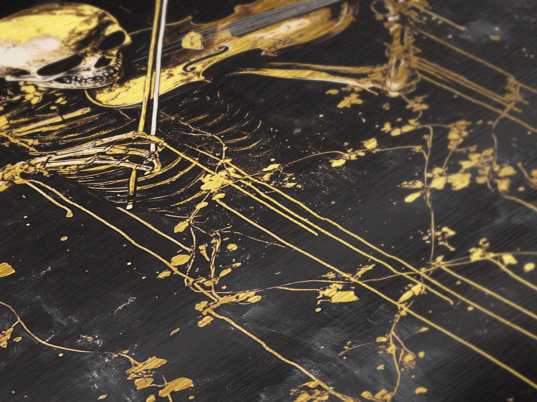 Skeleton Violinist Playing in Gold – Haunted Halloween Metallic Gold Art, Gothic Metal Art, Spooky Decor in Real Wood Frame