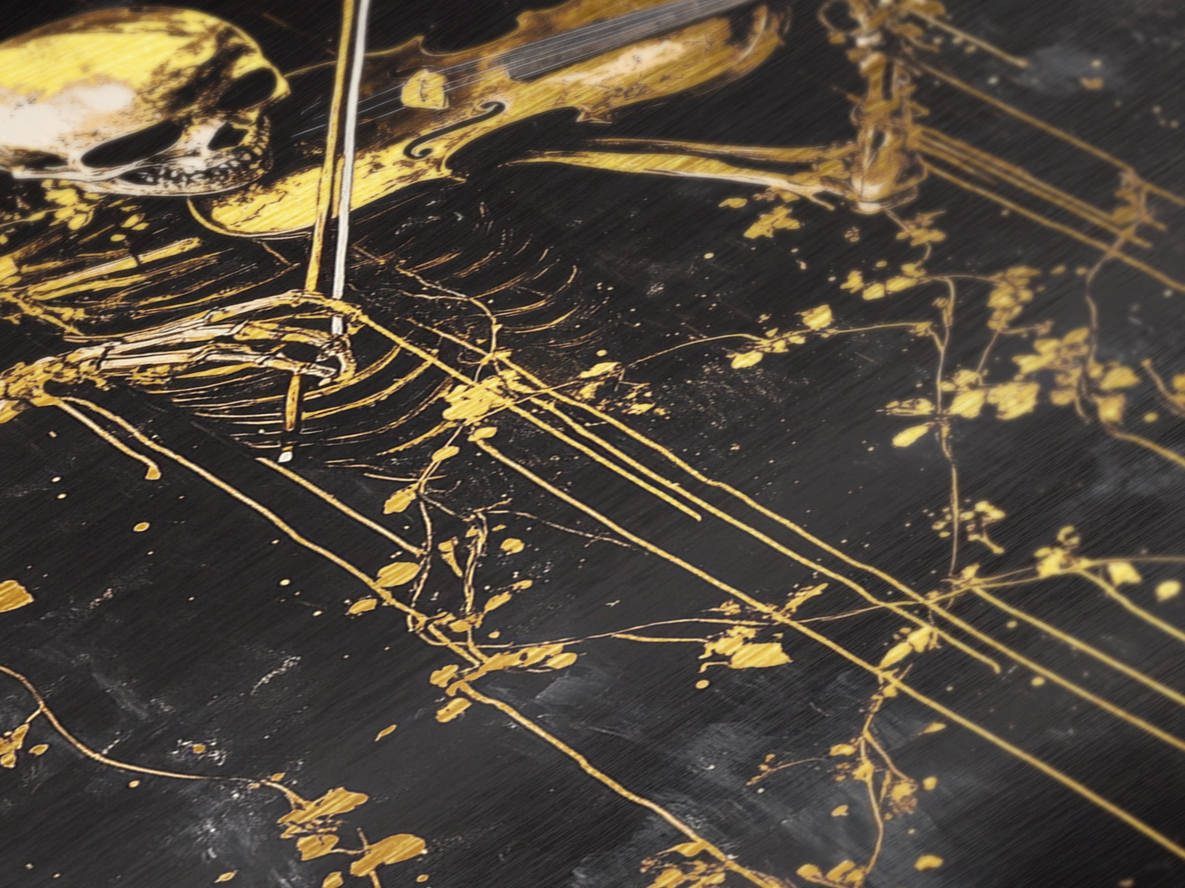 Skeleton Violinist Playing in Gold – Haunted Halloween Metallic Gold Art, Gothic Metal Art, Spooky Decor in Real Wood Frame