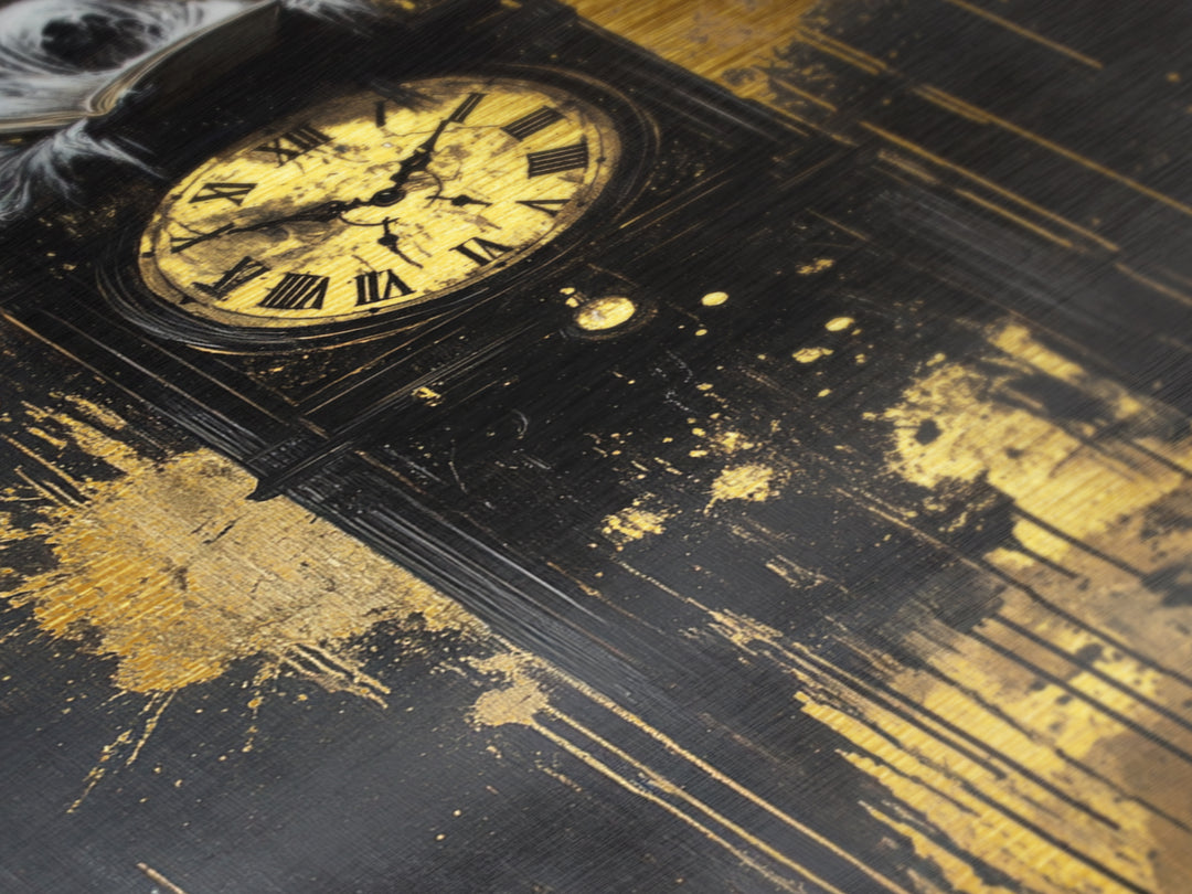 Ghostly Figure atop Gothic Clock – Metallic Gold Art, Haunted Metal Art, Spooky Season Halloween Wall Decor in Real Wood Frame