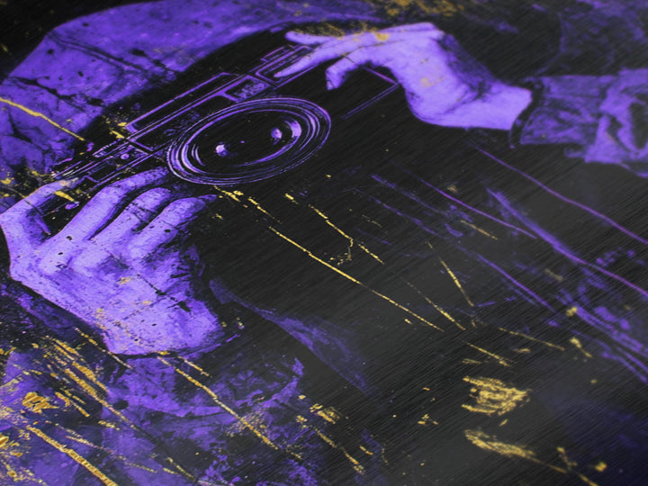 Purple Hooded Photographer Metallic Gold Art, Creepy Urban Metal Art Framed in Real Wood, Halloween Spooky Season Artwork