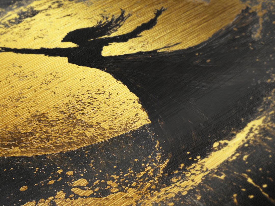 Witch Dancing Under Moon Metallic Gold Art, Spooky Halloween Metal Art in Real Wood Frame, Gothic Wall Decor for Fall