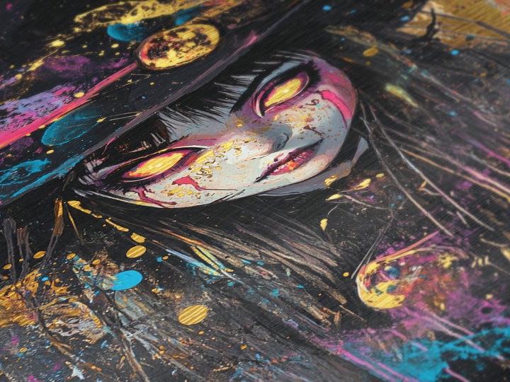 Gothic Witch Portrait with Glowing Eyes | Creepy Halloween Metallic Gold Art, Metal Art, Natural Wood Frame Witchy Wall Art