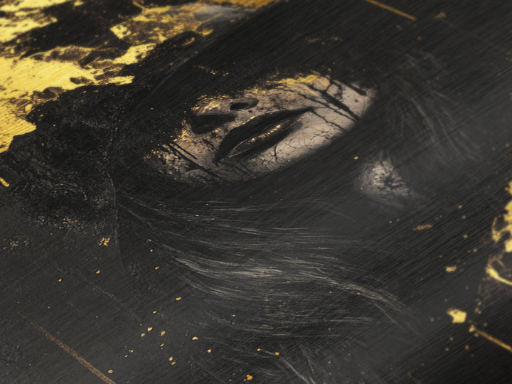 Witch in Shadow with Golden Drips | Creepy Halloween Metallic Gold Art, Metal Art, Haunted Gothic Portrait Framed in Real Wood