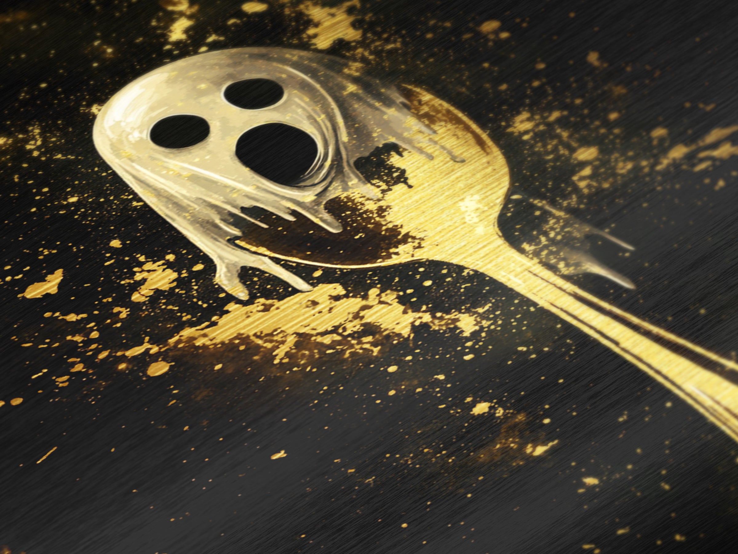 Haunted Ghostly Spoon Design, Creepy Metallic Gold Art Kitchen Horror, Spooky Season Metal Art framed with real wood