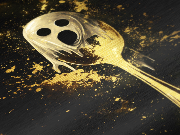 Haunted Ghostly Spoon Design, Creepy Metallic Gold Art Kitchen Horror, Spooky Season Metal Art framed with real wood