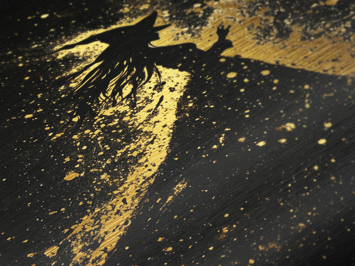 Witch Silhouette Halloween Wall Art, Metallic Gold Art Metal Art, Spooky Haunted Night Decor in Handcrafted Real Wood Frame