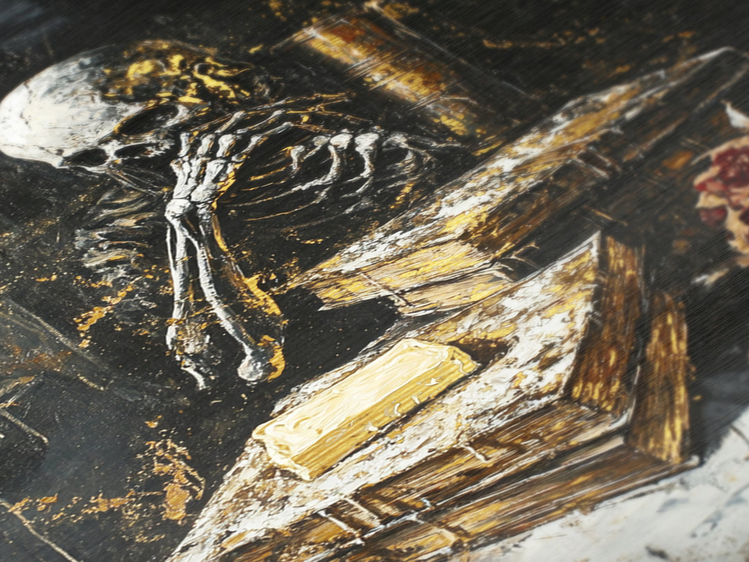 Skeleton Reading Gothic Books, Metallic Gold Art Metal Art, Haunted Spooky Season Halloween Artwork in Solid Wood Frame