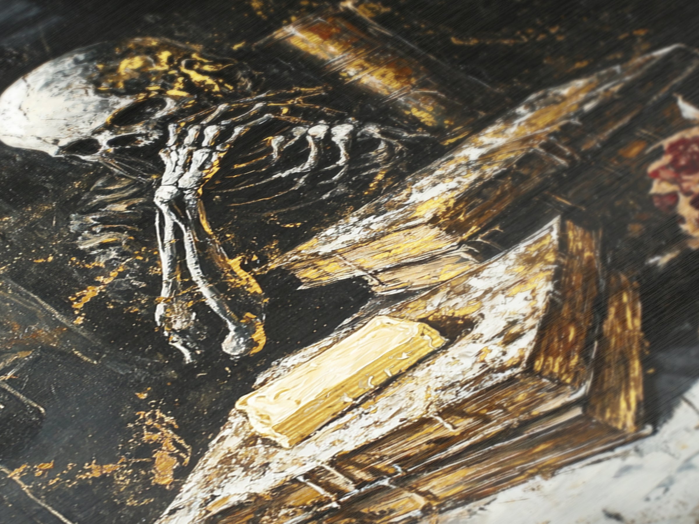 Skeleton Reading Gothic Books, Metallic Gold Art Metal Art, Haunted Spooky Season Halloween Artwork in Solid Wood Frame