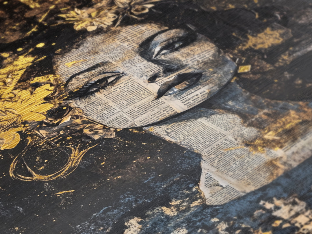 Witchy Woman Collage Metallic Gold Art Gothic Metal Art with Newspaper Texture | Spooky Portrait Wall Art in Real Wood Frame