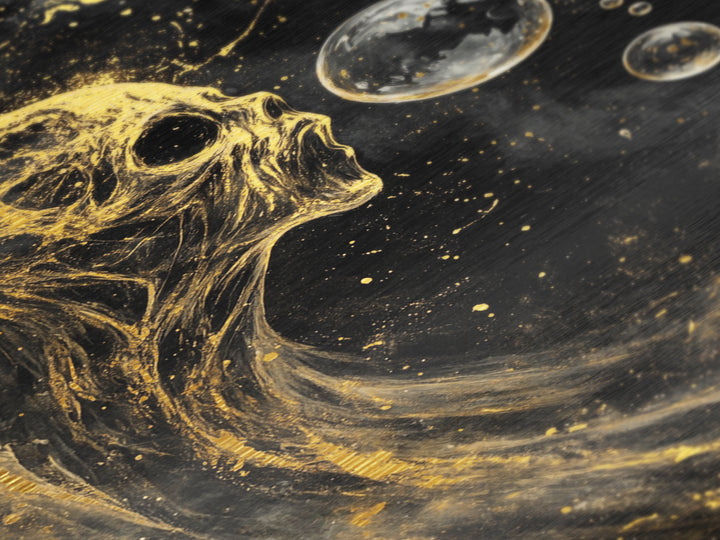 Ethereal Spirit Blowing Bubbles Metallic Gold Art Creepy Halloween Metal Art | Haunted Gothic Wall Art in Wood Frame