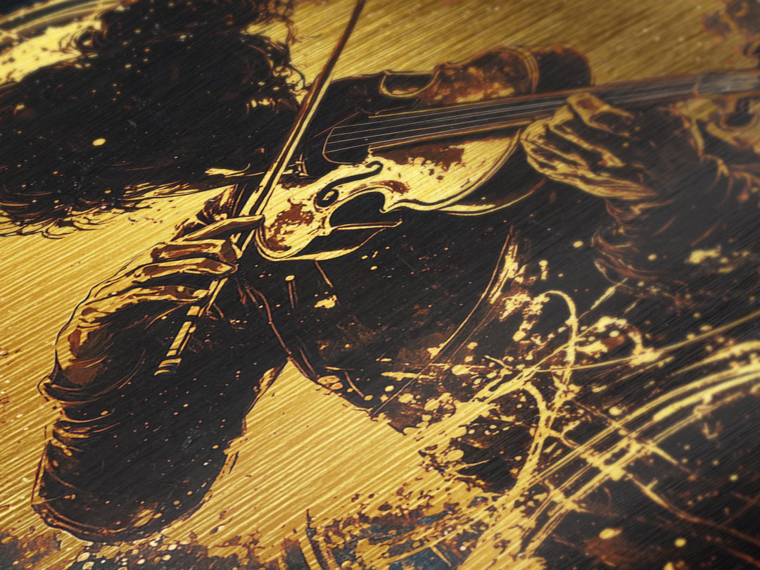 Violinist in Shadows Metallic Gold Art, Spooky Haunted Musician Metal Art Framed in Real Wood, Gothic Halloween Wall Hanging