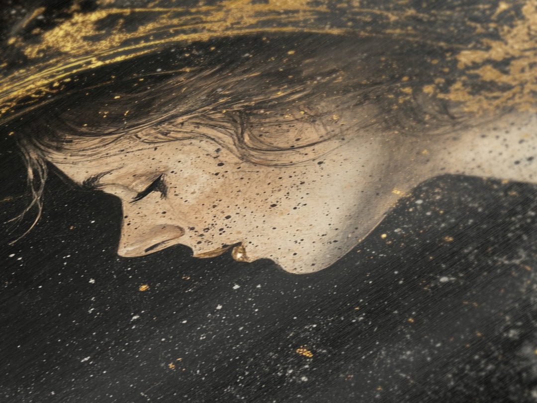 Enchanted Witch Profile Portrait | Metallic Gold Art & Metal Art | Elegant Spooky Season Decor, Framed in Real Natural Wood