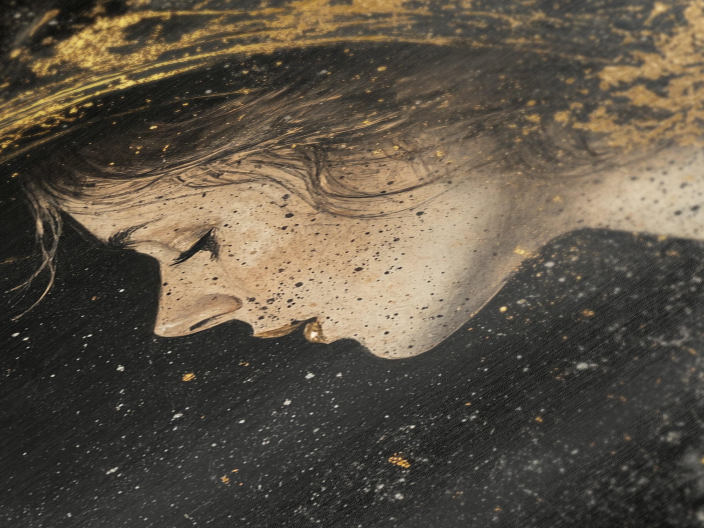 Enchanted Witch Profile Portrait | Metallic Gold Art & Metal Art | Elegant Spooky Season Decor, Framed in Real Natural Wood