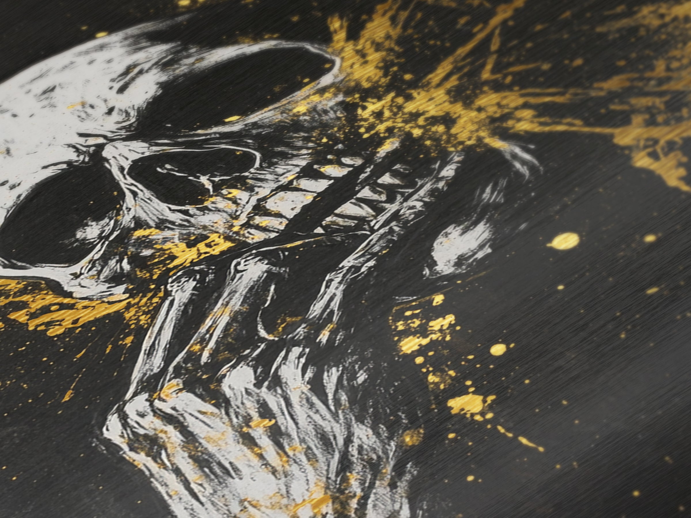 Haunted Skull Metallic Gold Art, Creepy Horror Skeleton Metal Art with Gothic Splatter Style, framed in natural real wood