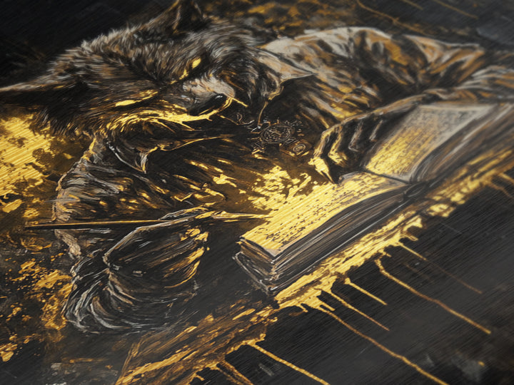 Werewolf Halloween Metallic Gold Art, Spooky Wolf Writing Spellbook Metal Art, glowing horror décor with real wood frame accent