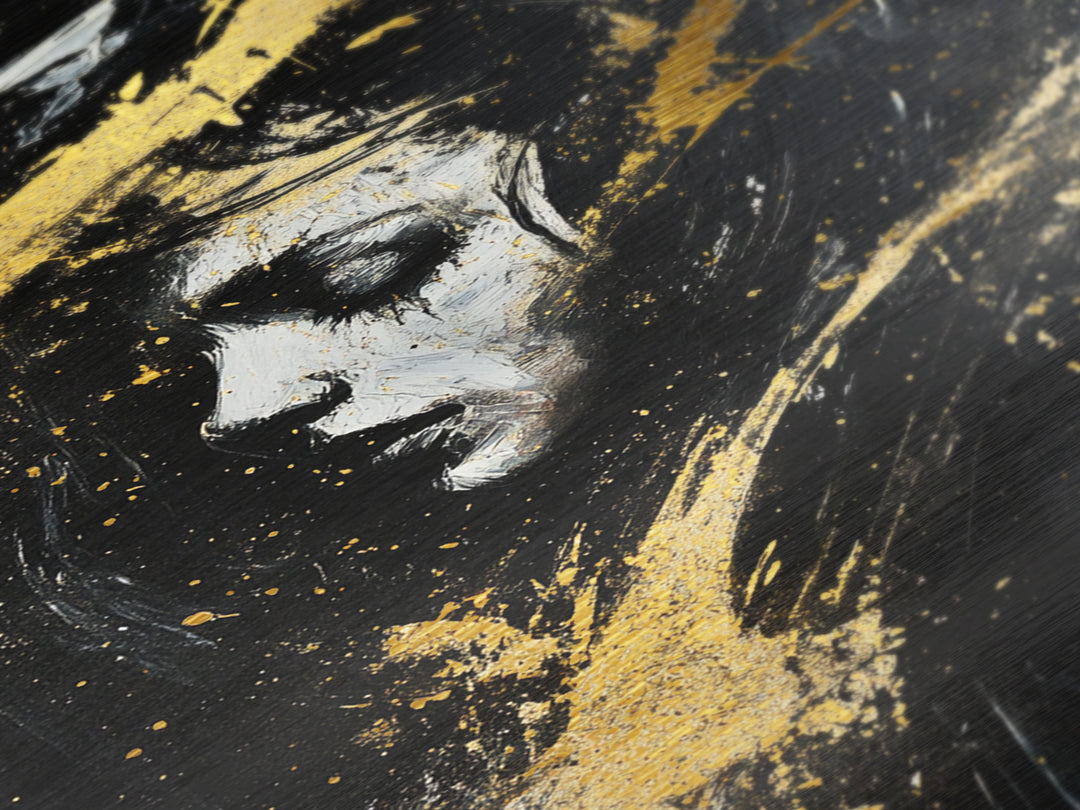 Abstract Haunted Portrait Metallic Gold Art, Gothic Spooky Season Metal Art Face Painting, framed in rustic real wood
